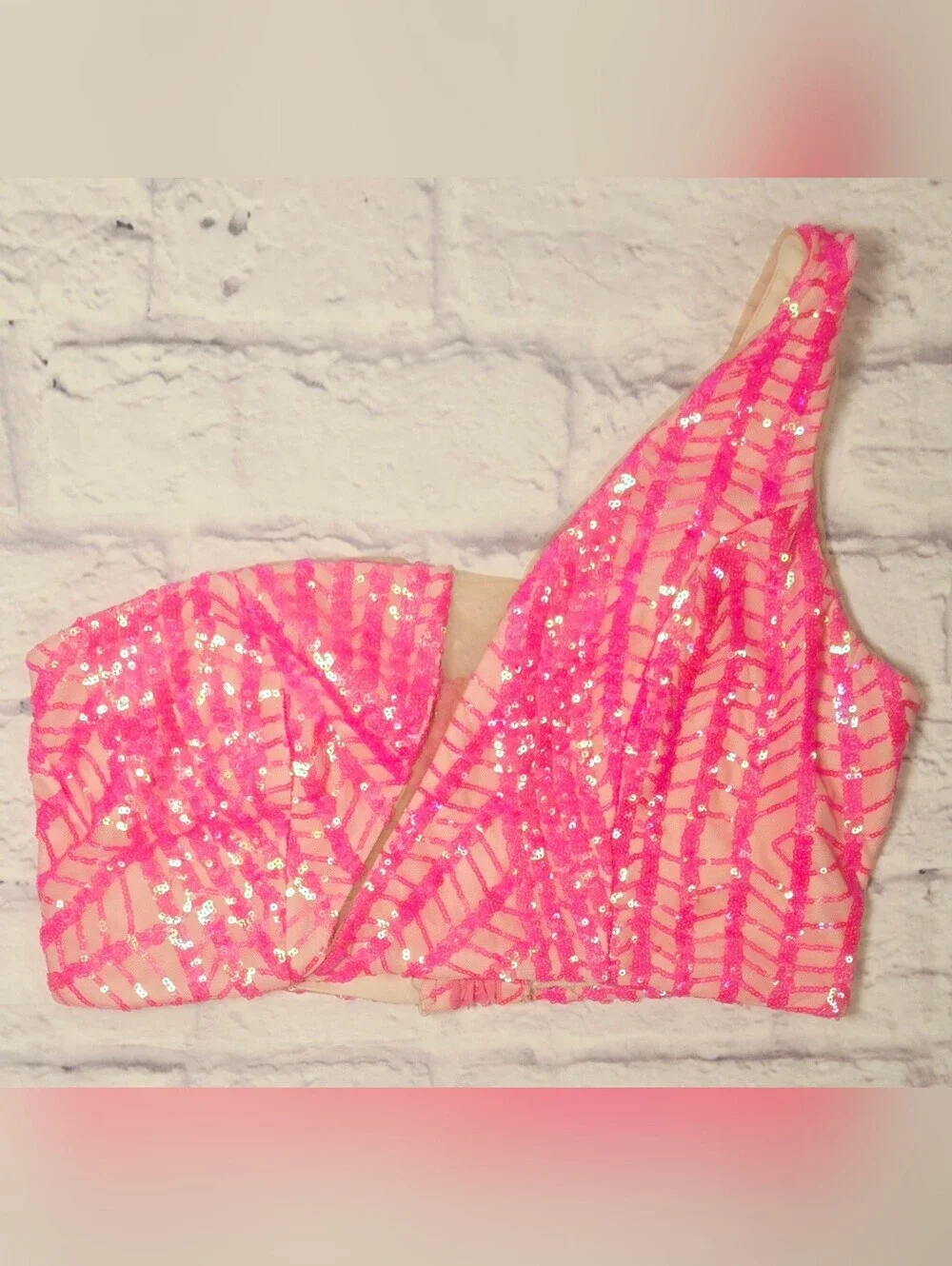 Neon Pink Sequin Two Piece Formal Set One Shoulder Crop Top Maxi Skirt